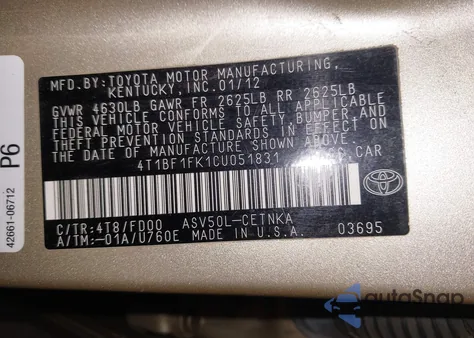 2012 Toyota Camry Le from USA, damaged, VIN 4T1BF1FK1CU051831